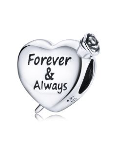 925 Sterling Silver Charms, Fit Pandora Charms, Charms for Pandora Bracelet, Rose Heart Charm, Forever & Always Love Charm