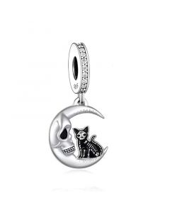 Black Skull Cat on Witch Moon Charm, Charms for Pandora Bracelet, 925 Sterling Silver Charms, Fit Pandora Charms, For Pandora Charm Bracelet