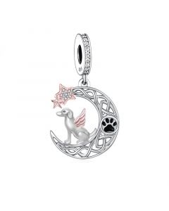 Angel Dog on The Moon Charm, For Pandora Charm Bracelet, 925 Sterling Silver Charms, Charms for Pandora Bracelet, Fit Pandora Charms