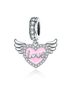 Angel Wings Pink Heart Charm, 925 Sterling Silver Charms, For Pandora Charm Bracelet, Charms for Pandora Bracelet, Fit Pandora Charms