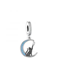 Black Cat on The Moon Charm, Fit Pandora Charms, 925 Sterling Silver Charms, For Pandora Charm Bracelet, Charms for Pandora Bracelet