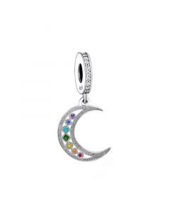 The Moon with Rainbow Colorful Zircon Charm, Charms for Pandora Bracelet, Fit Pandora Charms, 925 Sterling Silver Charms