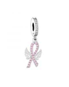Breast Cancer Awareness with Angel Wings Charm, Fit Pandora Charms, 925 Sterling Silver Charms, Charms for Pandora Bracelet