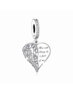 Angel Wings Heart Charm,  You Will Always Be A Part of Me Charm, Charms for Pandora Bracelet, Fit Pandora Charm, 925 Sterling Silver Charms