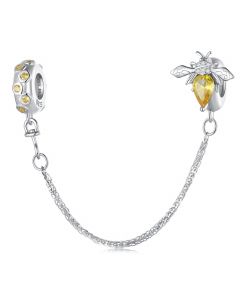 Bee and Honeycomb Safety Chain Charm, 925 Sterling Silver Charms, Charm for Pandora Bracelet, Fit Pandora Charms, For Pandora Charm Bracelet