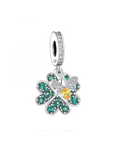 Green Zircon Four-Leaf Clove Honey Bee Charm, Fit Pandora Charms, Charms for Pandora Bracelet, 925 Sterling Silver Charms