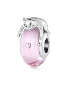 Cat on Round Glass Charm, 925 Sterling Silver Charms, Charms for Pandora Bracelet, For Pandora Charm Bracelet, Fit Pandora Charms