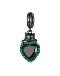 Black Cat Heart Dangle Charm, For Pandora Charm Bracelet, Charms for Pandora Bracelet, 925 Sterling Silver Charms, Fit Pandora Charms