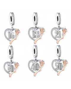 13th 16th 18th 21th 30th 40th 50th 60th 70th 80th Rose Flower Heart Charm, Fit Pandora Charms, Charms for Pandora Bracelet