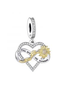 You are My Sunshine Sunflower Endless Love Heart Charm, Fit Pandora Charms, Charms for Pandora Bracelet, 925 Sterling Silver Charms