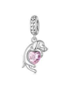 Golden Retriever Dog with Pink Heart Charm, Fit Pandora Charms, 925 Sterling Silver Charms, Charms for Pandora Bracelet