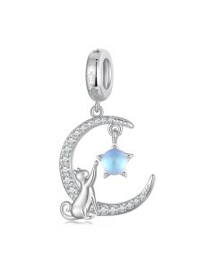 Moon and Cat Dangle Charm, Fit Pandora Charms, Charms for Pandora Bracelet, 925 Sterling Silver Charms, For Pandora Charm Bracelet