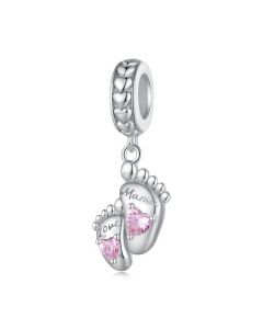 Pink Heart Baby Foot Dangle Charm, For Pandora Charm Bracelet, 925 Sterling Silver Charms, Fit Pandora Charms, Charms for Pandora Bracelet