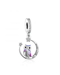 Never Give Up Charm, Owl on the Moon Charm, Fit Pandora Charms, 925 Sterling Silver Charms, Charms for Pandora Bracelet