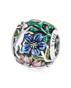 Rabbit in Forest Flower Openwork Charm, 925 Sterling Silver Charms, Charms for Pandora Bracelet, Fit Pandora Charms