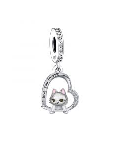 Cat Heart Dangle Charm, For Pandora Charm Bracelet, Charms for Pandora Bracelet, Fit Pandora Charms, 925 Sterling Silver Charms