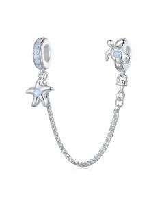 Turtle and Starfish Safety Chain Charm, Fit Pandora Charms, 925 Sterling Silver Charms, Charms for Pandora Bracelet