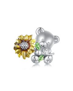 Bear with Sunflower Charm, For Pandora Charm Bracelet, 925 Sterling Silver Charms, Fit Pandora Charms, Charms for Pandora Bracelet
