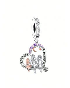 Sisters Heart to the Moon & Back Pendant Charm, Charms for Pandora Bracelet, Fit Pandora Charms, 925 Sterling Silver Charms