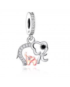 Openwork Elephant Mother and Baby Zircon Dangle Charm, Fit Pandora Charms, Charms for Pandora Bracelet, 925 Sterling Silver Charms