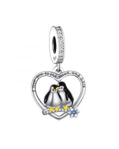 Couple Intimate Penguin I Love You to the Moon and Back Pendant Charm, Fit Pandora Charms, Charms for Pandora Bracelet