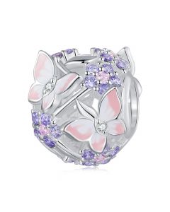 Openwork Pink Butterfly Purple Flower Bead Charm, 925 Sterling Silver Charms, Charms for Pandora Bracelet, Fit Pandora Charms