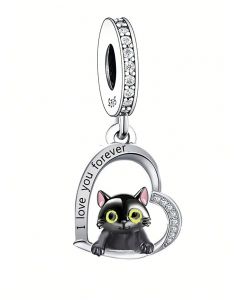 Cute Black Cat Heart Pendant Charm, For Pandora Charm Bracelet, Charms for Pandora Bracelet, 925 Sterling Silver Charms, Fit Pandora Charms