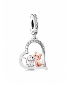 Cat and Mouse Heart Charm, For Pandora Charm Bracelet, Charms for Pandora Bracelet, Fit Pandora Charms, 925 Sterling Silver Charms