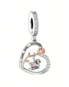 Sloth Hang on Rose Flower with Pink Zircon Heart Charm, 925 Sterling Silver Charms, Charms for Pandora Bracelet, Fit Pandora Charms