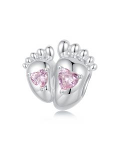 Pink Heart Love Footprint Charm, 925 Sterling Silver Charms, Fit Pandora Charms, Charms for Pandora Bracelet, For Pandora Charm Bracelet