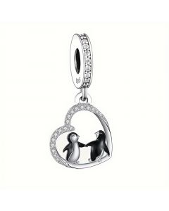 Penguin Hand in Hand  Love Heart Pendant Charm, 925 Sterling Silver Charms, Charms for Pandora Bracelet, Fit Pandora Charms