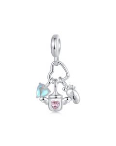 Baby's Bottle with Pink Zircon Heart Baby Footprint Charm, 925 Sterling Silver Charms, Fit Pandora Charms, Charms for Pandora Bracelet