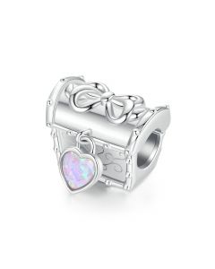 Bow Treasure Box with Opal Heart Lock Charm, Fit Pandora Charms, Charms for Pandora Bracelet, 925 Sterling Silver Charms