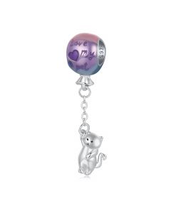 Purple Flying Balloon Cat Cute Pet Charm, Charms for Pandora Bracelet, Fit Pandora Charms, 925 Sterling Silver Charms