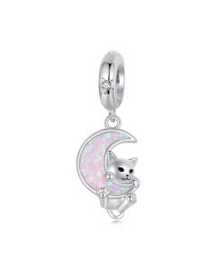 Opal Moon Cat Charm, 925 Sterling Silver Charms, Fit Pandora Charms, Charms for Pandora Bracelet, For Pandora Charm Bracelet