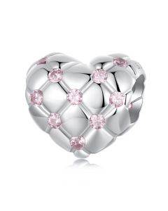 Pink Diamond Pattern Love Heart Charm, 925 Sterling Silver Charms, Fit Pandora Charms, Charms for Pandora Bracelet