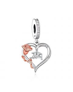 Graduate Hat and Diploma Rose Flower Charm, Charms for Pandora Bracelet, 925 Sterling Silver Charms, Fit Pandora Charms