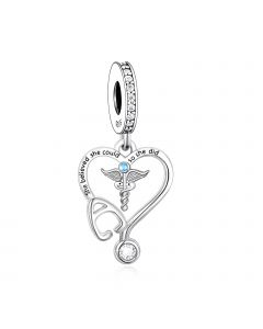 Doctor Stethoscope Heart Caduceus Angel Wings Charm, 925 Sterling Silver Charms, Fit Pandora Charms, Charms for Pandora Bracelet