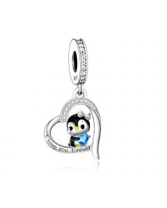 Baby Penguin Hug Blue CZ Heart I Love You Forever Charm, Charms for Pandora Bracelet, Fit Pandora Charms, 925 Sterling Silver Charms