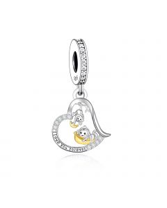 Monkey with Banana I Love You Forever Heart Charm, 925 Sterling Silver Charms, Fit Pandora Charms, Charms for Pandora Bracelet