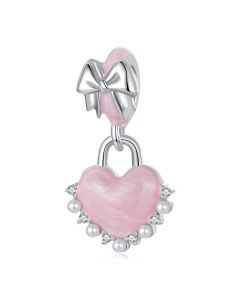 Pink Heart Lock with Pearl Zircon Bow-knot Pendant Charm, Charms for Pandora Bracelet, Fit Pandora Charms, 925 Sterling Silver Charms
