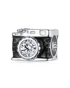 Zircon Camera Black Enamel Charm, Fit Pandora Charms, For Pandora Charm Bracelet, Charms for Pandora Bracelet, 925 Sterling Silver Charms