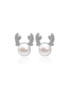 Simple Design Earrings, Antler Pearl Zircon Stud Earrings, Animals & Insects Jewelry, 925 Sterling Silver Earrings
