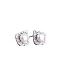 Geometric Jewelry, Asymmetric Square Pearl Zircon Stud Earrings, Simple Design Earrings, 925 Sterling Silver Earrings