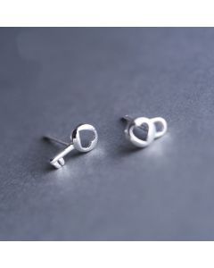 Asymmetrical Cutout Lock Key Stud Earrings, 925 Sterling Silver Earrings, Simple Design Earrings, Keys & Locks Jewelry
