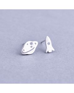 925 Sterling Silver Earrings, Simple Design Earrings, Celestial & Horoscope Jewelry, Asymmetric Rocket Planet Brushed Stud Earrings