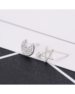 Asymmetrical Star Moon Zircon Stud Earrings, Star Jewelry, Celestial & Horoscope Jewelry, 925 Sterling Silver Earrings