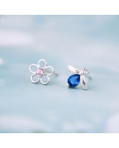 Asymmetrical Bee Picking Flowers Zircon Stud Earrings, Flowers Plants Jewelry, 925 Sterling Silver Earrings, Animals & Insects Jewelry