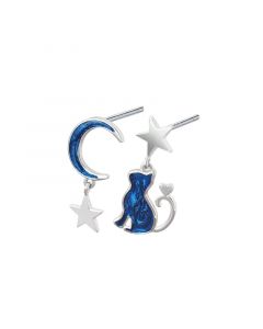 Celestial & Horoscope Jewelry, Star Moon Cat Blue Drop Glaze Dangle Drop Earrings, Animals Insects Jewelry, 925 Sterling Silver Earrings