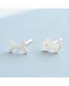 Asymmetric Brushed Puppy Bones Stud Earrings, Simple Design Earrings, Animals & Insects Jewelry, 925 Sterling Silver Earrings